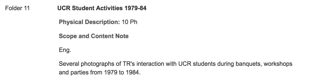 screenshot of finding aid, reads 'Folder 11, UCR Student Activities 1979-84'